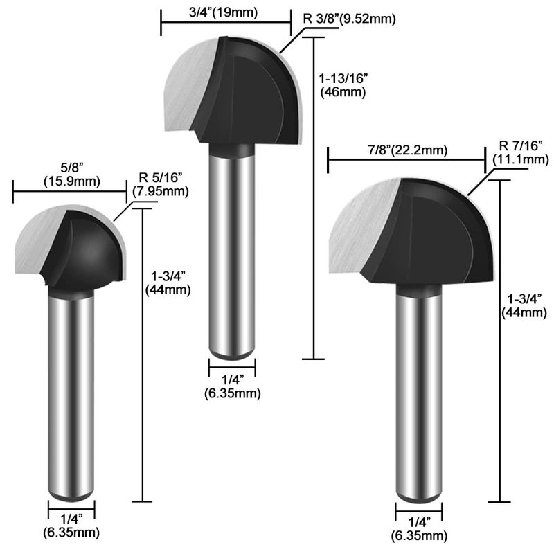 ASNOMY 6pcs Core Box Router Bit 1/4 Inch Shank Round Nose Cove Box Router Bits-1/4 5/16" 1/2" 5/8" 3/4" 7/8" Cutting Diameter Solid Carbide Core Box Round Nose Router Bits - Image 4